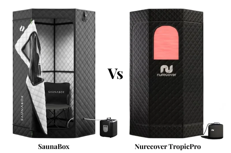 Side-by-side comparison of SaunaBox and Nurecover portable saunas showing their exterior designs and key features