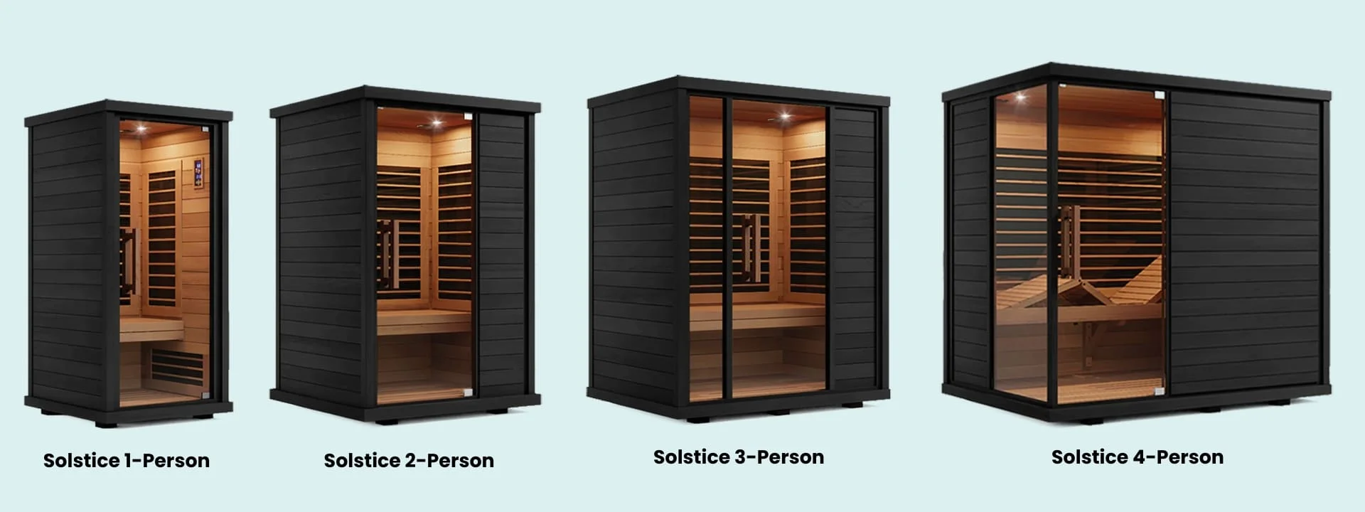 Complete lineup of Sun Home Solstice infrared saunas showing size comparison between 1-person, 2-person, 3-person, and 4-person models with identical design features