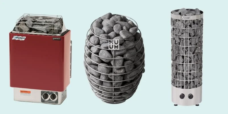Three sauna heaters side by side against a blue background. The Finlandia FLB series heater is in the extreme left, the HUUM drop series heater is the middle and Harvia Cilindro is in the right.