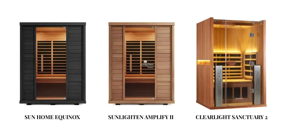 Comparison of three full spectrum indoor infrared saunas showing Sun Home Equinox with black exterior, Sunlighten Amplify II with natural wood finish, and Clearlight Sanctuary 2 with revealing interior lighting and cedar construction
