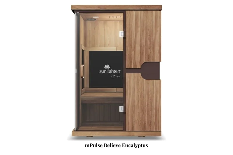 Sunlighten mPulse Believe infrared sauna in eucalyptus wood finish with glass door, black control panel, and wooden benches for comfortable seating in a compact two-person design.