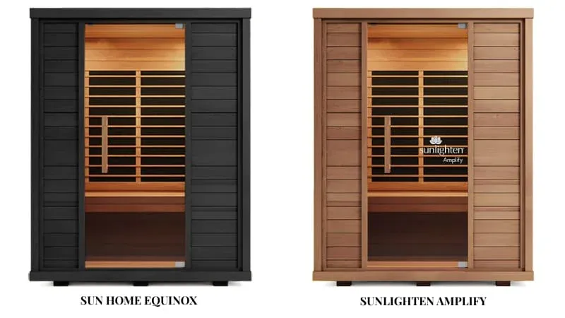 Two infrared saunas side by side: Sun Home Equinox with black exterior (left) and Sunlighten Amplify with cedar exterior (right). Both feature glass doors, cedar interiors, and infrared heating panels.