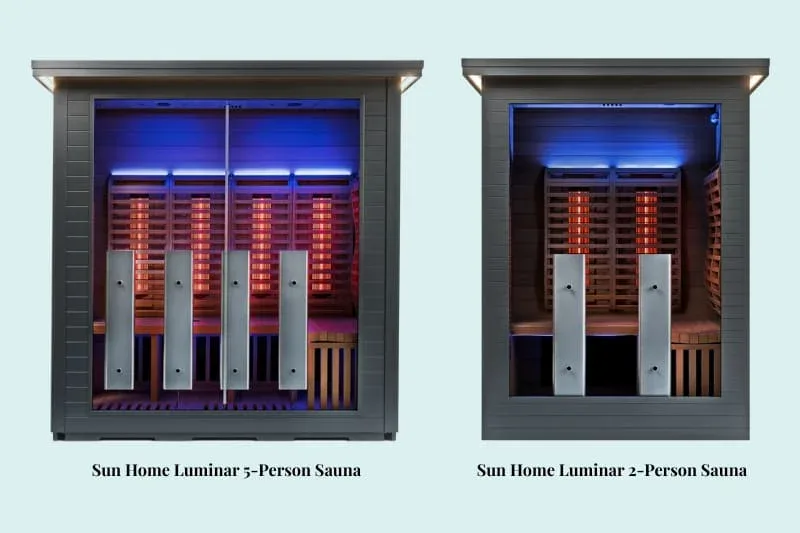 Sun Home Luminar 5-person and 2-person infrared saunas with blue chromotherapy lighting, carbon heaters, and modern cabin design for home installation.