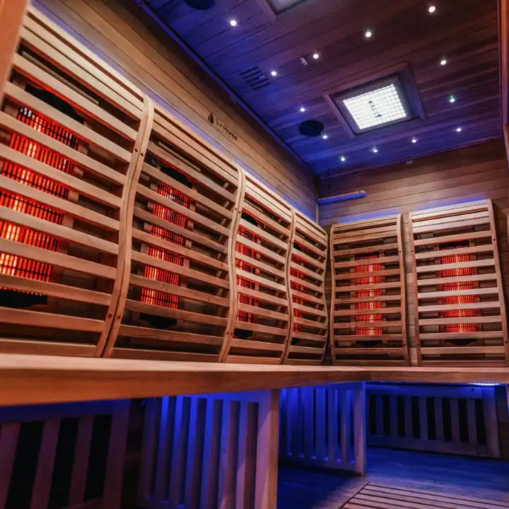 Sun Home Luminar 5-person infrared sauna, carbon fiber heaters, and premium wooden construction for home wellness."