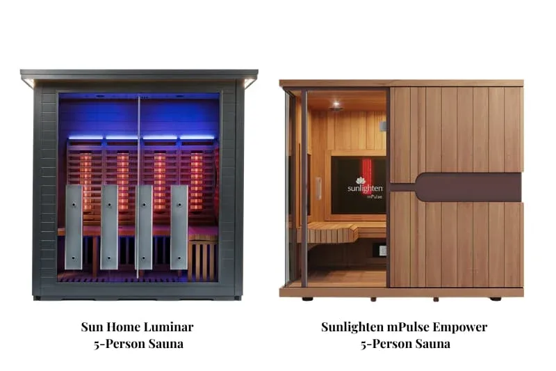 Side-by-side comparison of Sun Home Luminar 5-person outdoor infrared sauna with blue chromotherapy lighting and red heating elements versus Sunlighten mPulse Empower 5-person indoor sauna with natural wood interior, showing design and construction differences between premium infrared sauna models