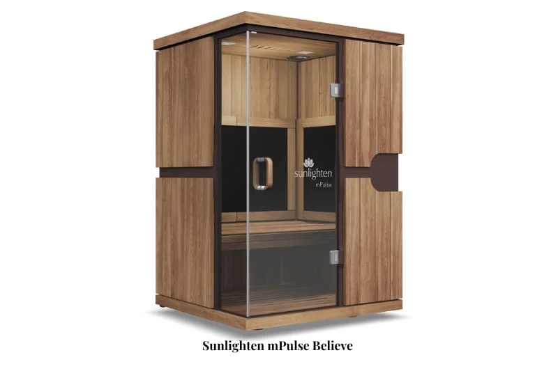 "Sunlighten mPulse Believe infrared sauna with full glass front door, wooden exterior in eucalyptus finish, digital control panel, and bench seating, shown from a three-quarter view perspective.