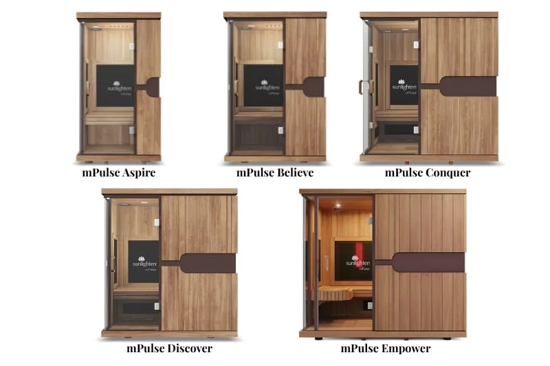 Complete Sunlighten mPulse infrared sauna lineup showing five models - Aspire, Believe, Conquer, Discover and Empower - all featuring similar wooden construction with varying sizes and configurations