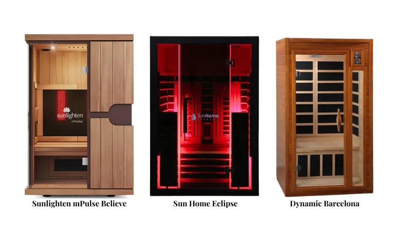 Comparison of three home infrared sauna models - Sunlighten mPulse Believe with wooden exterior, Sun Home Eclipse with striking red lighting, and Dynamic Barcelona with traditional cedar construction.