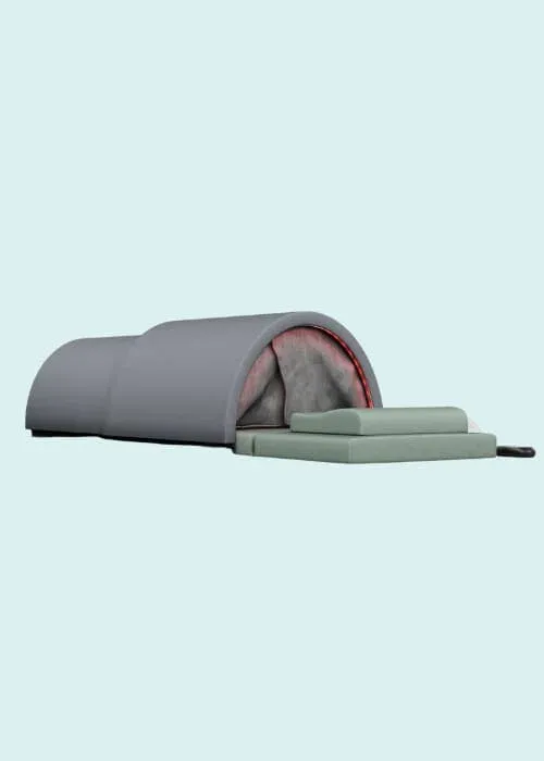 Sunlighten Solo System Portable Far Infrared Sauna Dome against a blue background