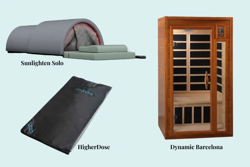 Visual comparison of three infrared sauna options: Sunlighten Solo dome system (top left), HigherDose sauna blanket (bottom left), and Dynamic Barcelona cabin sauna (right), showing their distinct designs and form factors.