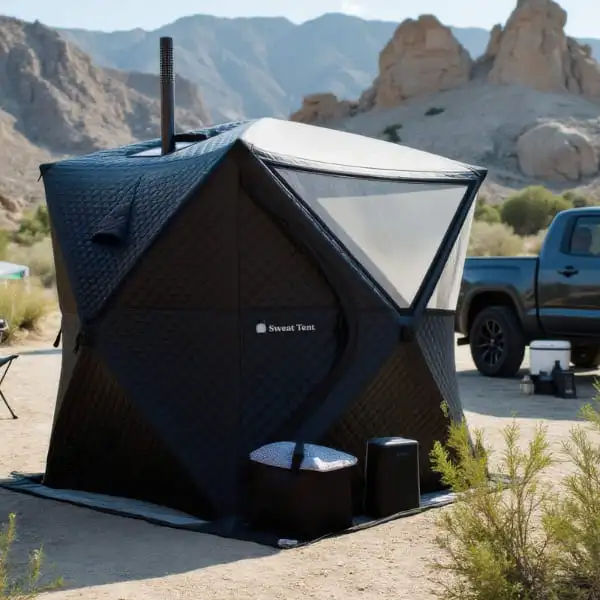 A Sweat Tent portable sauna set up in a desert environment with mountains in the background. The black quilted structure includes a chimney and transparent panel, with camping accessories and a pickup truck nearby.