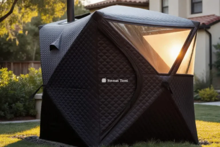 A Sweat Tent portable sauna at dusk with warm light glowing through its transparent window panel. The black quilted structure features a chimney emitting steam, positioned in a residential backyard with a house visible in the background.