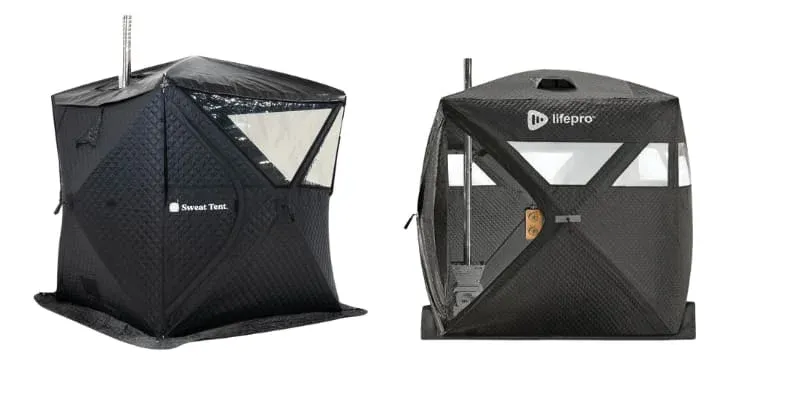 Two portable outdoor saunas side by side with the Sweat Tent portable sauna on the left side and the LifePro ZenZone portable sauna tent on the right side against a white background