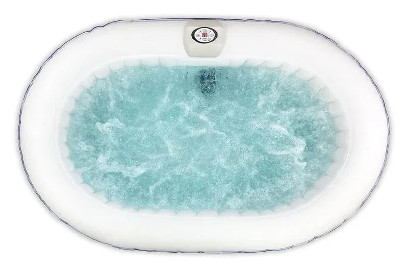 Oval shaped ALEKO inflatable hot tub spa with active bubble jets and digital temperature control, white portable spa with therapeutic massage jets for outdoor use