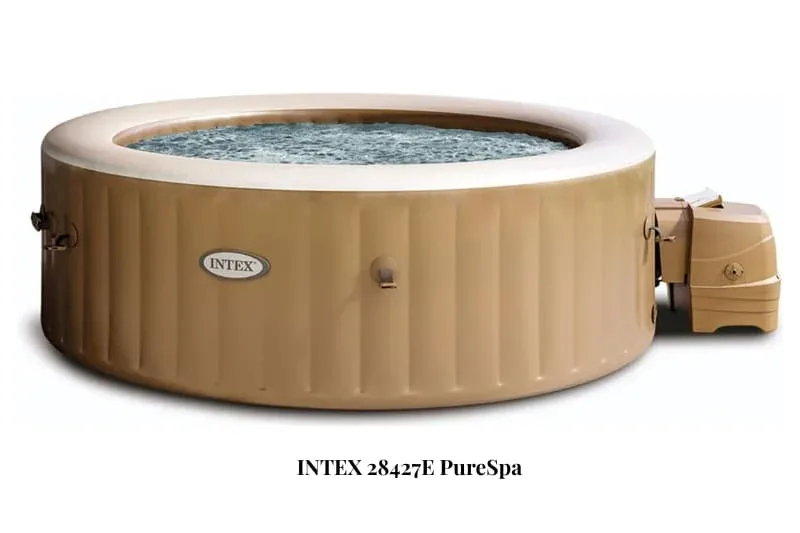 Intex 28427E PureSpa inflatable hot tub in tan beige color with bubble massage jets active, 4-person capacity portable spa with external pump unit and control panel