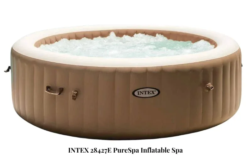 Intex 28427E PureSpa inflatable spa hot tub in tan beige color with bubble jets activated, round 4-person capacity portable spa for outdoor use