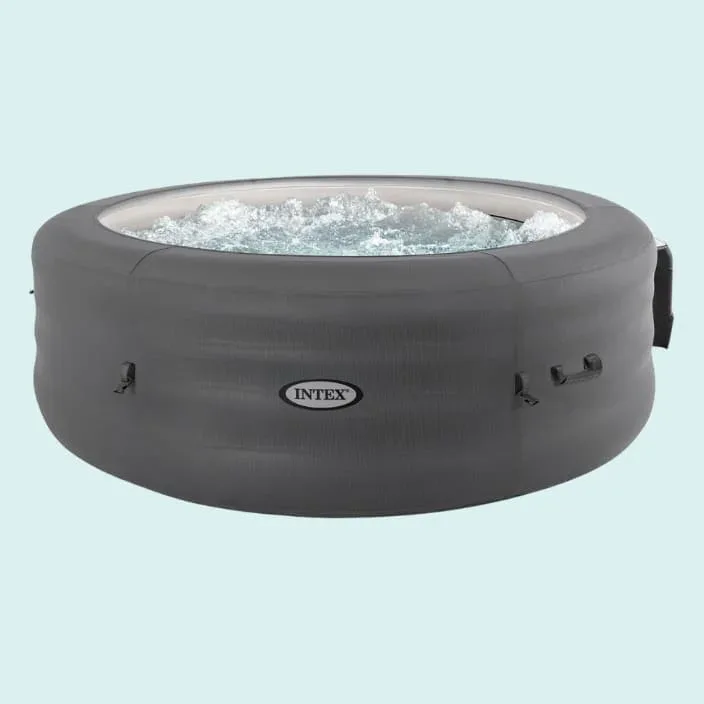 Intex inflatable hot tub in charcoal gray with active bubble massage jets, round portable spa with external pump connections for backyard relaxation