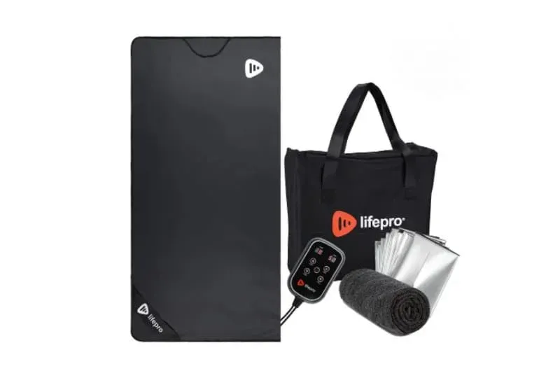 LifePro RejuvaWrap sauna blanket complete kit with the controller, towel, detox wraps, and carrying bag