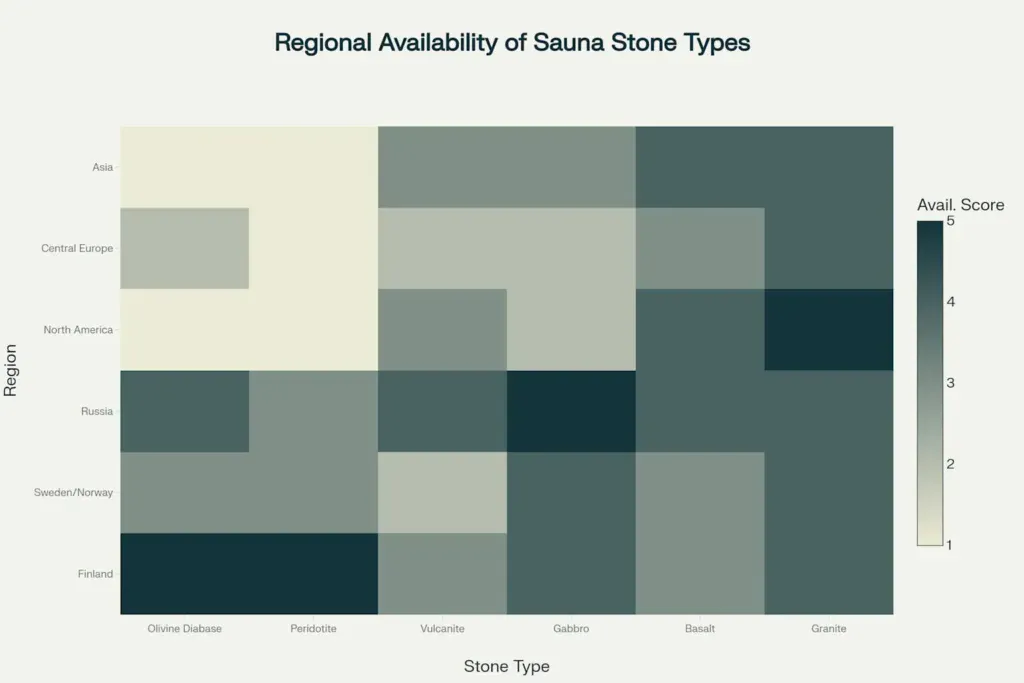 Regional availability heatmap showing best sauna stone types by location - peridotite highest in Finland, basalt widely available globally
