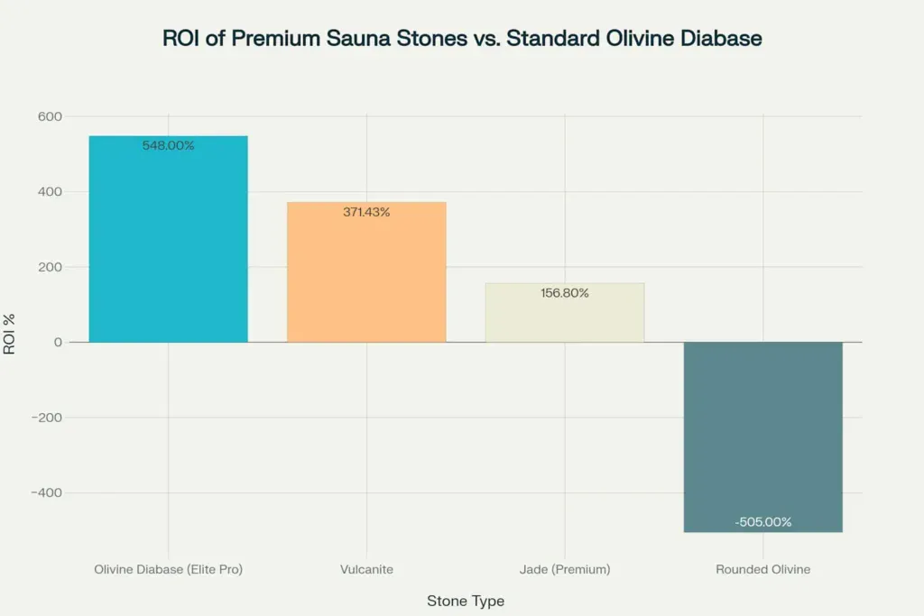 ROI comparison of premium vs standard sauna stones showing olivine diabase elite delivers 548% return vs rounded olivine -505% loss