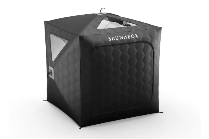 SaunaBox GO two-person steam sauna tent closed front view showing quilted exterior and compact design
