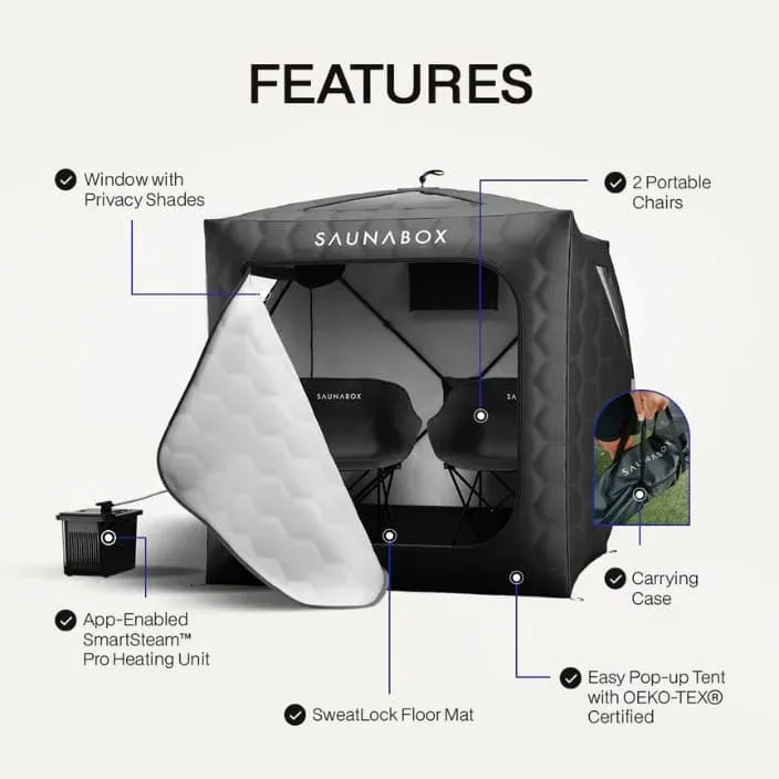SaunaBox GO two-person portable sauna features including privacy window, portable chairs, app-enabled heating unit, and carrying case