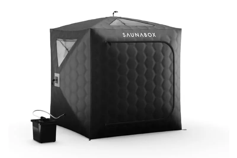 SaunaBox GO portable sauna side view with steamer connected showing complete setup for home use
