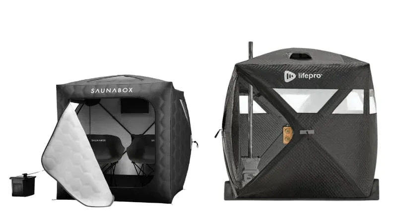 SaunaBox GO vs LifePro ZenZone portable sauna comparison showing design differences between the two sauna tents