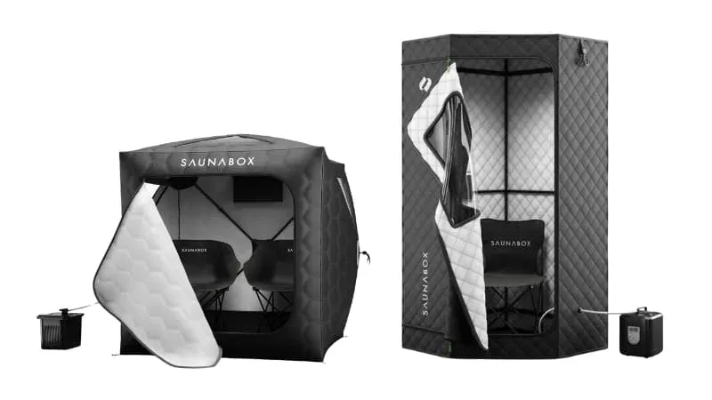 SaunaBox GO vs SaunaBox SmartSteam Kit Pro model comparison showing size and design differences between the portable steam saunas from SaunaBox