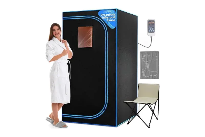 SereneLife Portable Infrared Sauna complete kit showing black sauna tent with blue trim, woman in white robe, digital controller, heated foot pad, and foldable chair - home wellness equipment