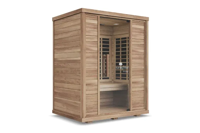 Sunlighten Amplify II full spectrum infrared sauna in eucalyptus wood with carbon heating panels and glass door