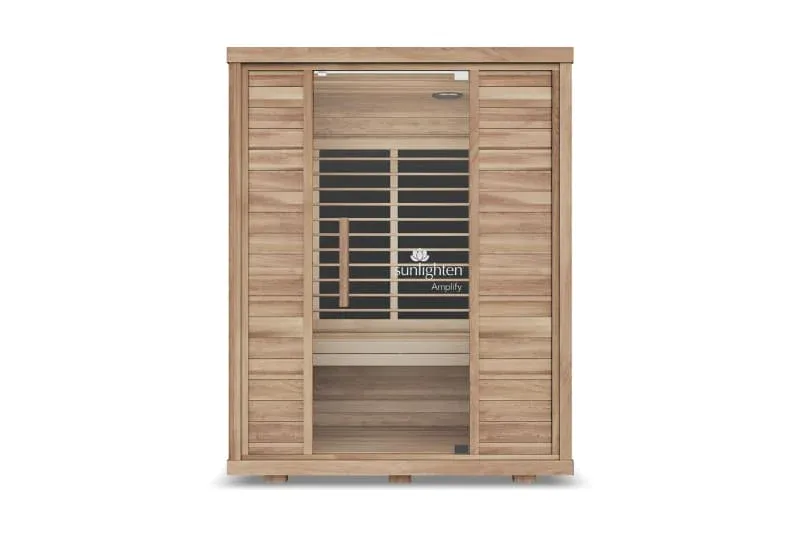 Sunlighten Amplify II full spectrum infrared sauna in eucalyptus wood finish with carbon heating panels and glass front door
