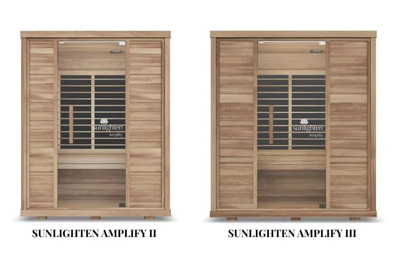 Size comparison between Sunlighten Amplify II and Amplify III infrared saunas showing front view of both models in eucalyptus wood