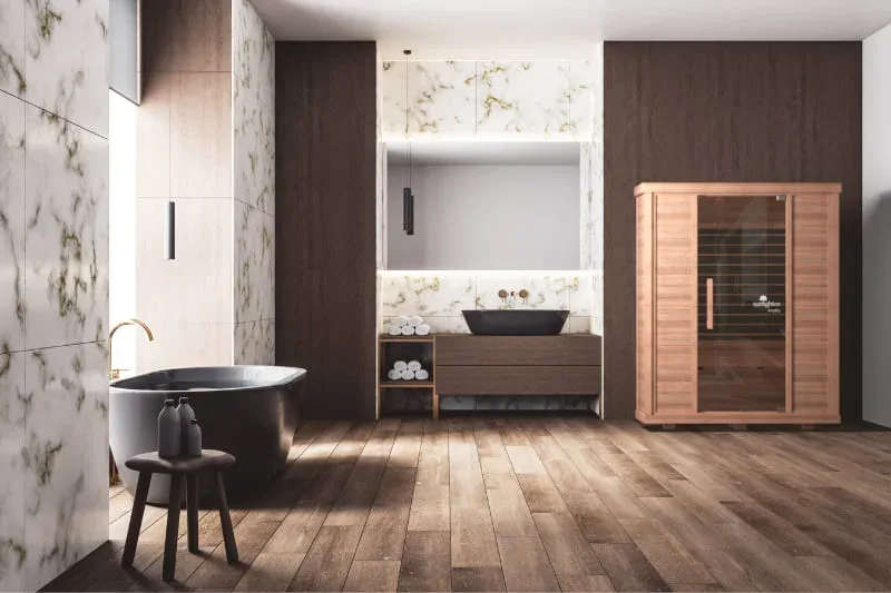 Sunlighten Amplify infrared sauna in upscale bathroom featuring wooden floors and contemporary fixtures