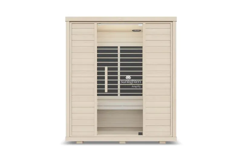 Sunlighten Amplify III sauna product image showing natural Basswood construction and carbon heating panels