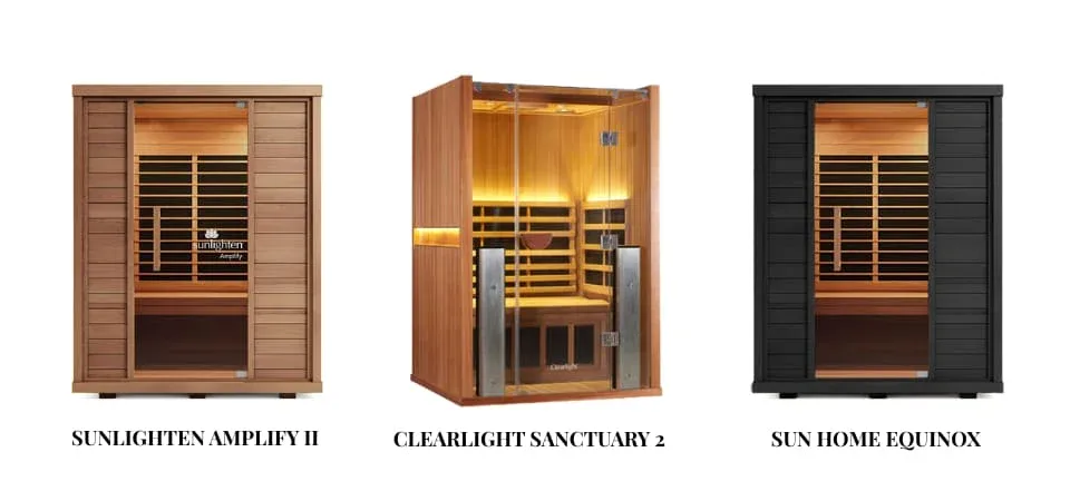 Three 2-person infrared saunas comparison: Sunlighten Amplify II, Clearlight Sanctuary 2, and Sun Home Equinox models