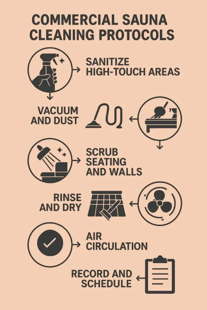 Infographic showing quick daily commercial sauna cleaning steps including sanitizing, vacuuming, scrubbing, rinsing, floor treatment, airing out, and scheduling.