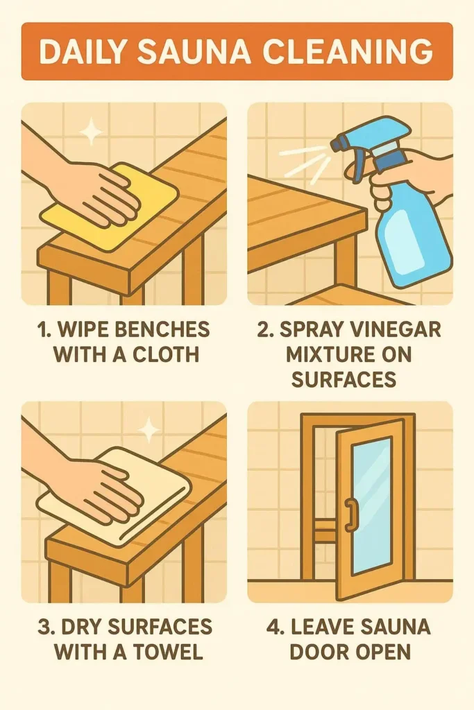 Infographic showing daily steps for how to clean a sauna: wipe benches, spray vinegar solution, dry surfaces, leave door open for ventilation