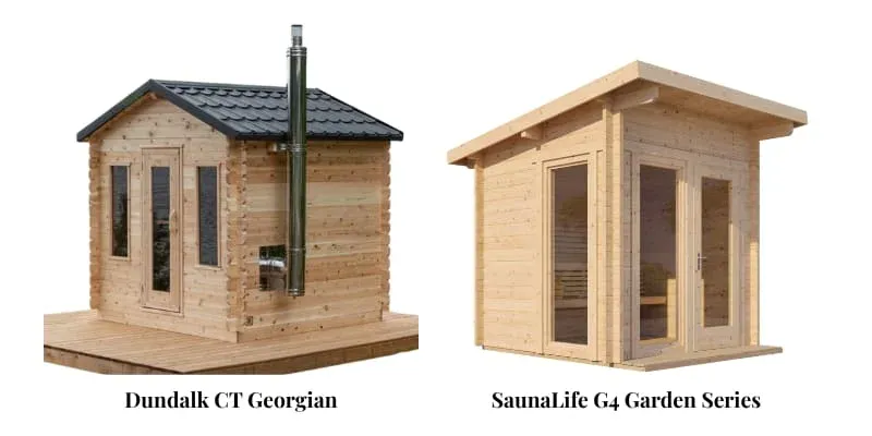 Side-by-side comparison of Dundalk CT Georgian traditional cabin sauna with chimney and dark roof versus SaunaLife G4 Garden Series modern sauna with full glass front panel, showing design differences between the two 6-person outdoor saunas