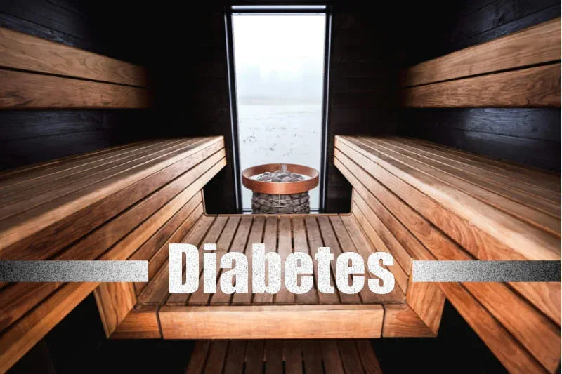 Wooden sauna interior with diabetes text overlay showing sauna and diabetes connection