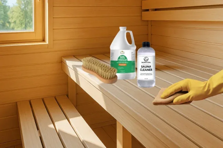 Wooden sauna bench with cleaning tools: microfiber towel, spray bottle of natural sauna cleaner, soft scrub brush, and a vinegar mix