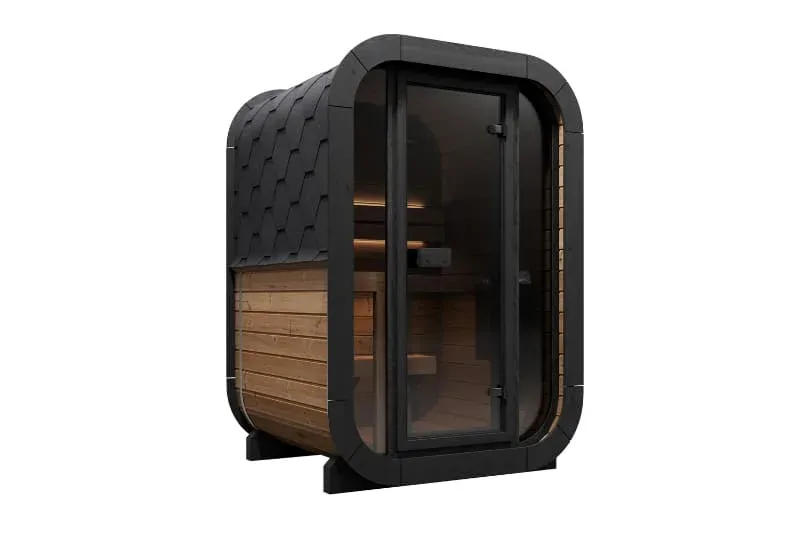 The w-person SaunaLife CL3G sauna angled view showing tempered glass door, interior bench layout, LED lighting, and hexagonal roof design