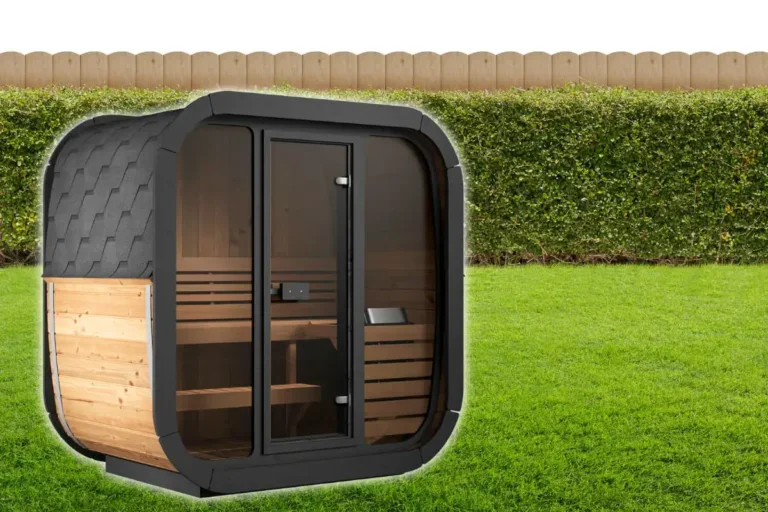SaunaLife CL4G traditional outdoor sauna installed in residential backyard setting showing modern cube design, Thermo-Spruce construction, and perfect integration with landscaped outdoor space