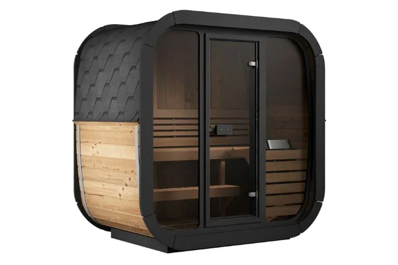 SaunaLife CL4G traditional outdoor sauna cube design with full glass front panel and modern black shingled roof