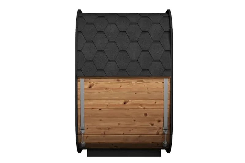 Side profile of SaunaLife CL4G sauna highlighting hexagonal shingled roof pattern and Thermo-Spruce wood exterior construction