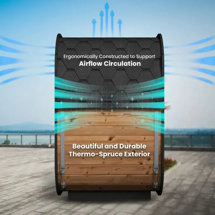 SaunaLife CL4G sauna showing Thermo-Spruce exterior construction and ergonomic airflow circulation design with shingled roof