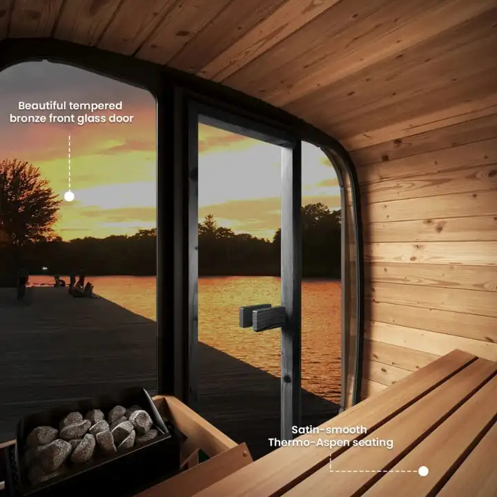 Interior view of SaunaLife CL4G sauna featuring tempered bronze glass door, Thermo-Aspen seating, and scenic outdoor view