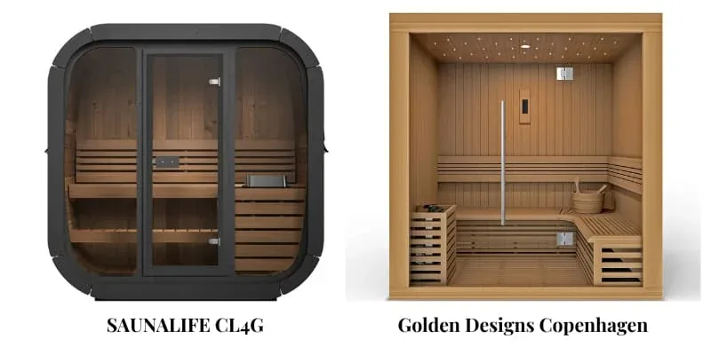 Head-to-head comparison between SaunaLife CL4G cube design and Golden Designs Copenhagen traditional sauna models