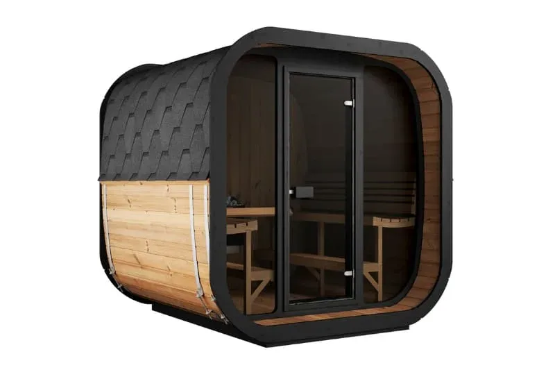 The 6-person SaunaLife CL7G traditional outdoor sauna three-quarter view displaying Thermo-Spruce wood panels, full glass front, and modern cube architecture