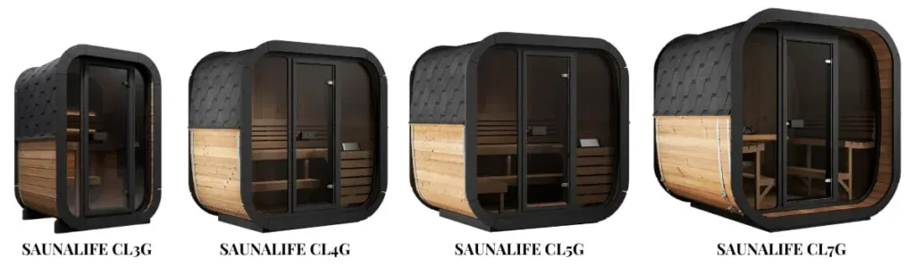 Complete SaunaLife Cube Series comparison showing CL3G, CL4G, CL5G, and CL7G sauna models in different sizes